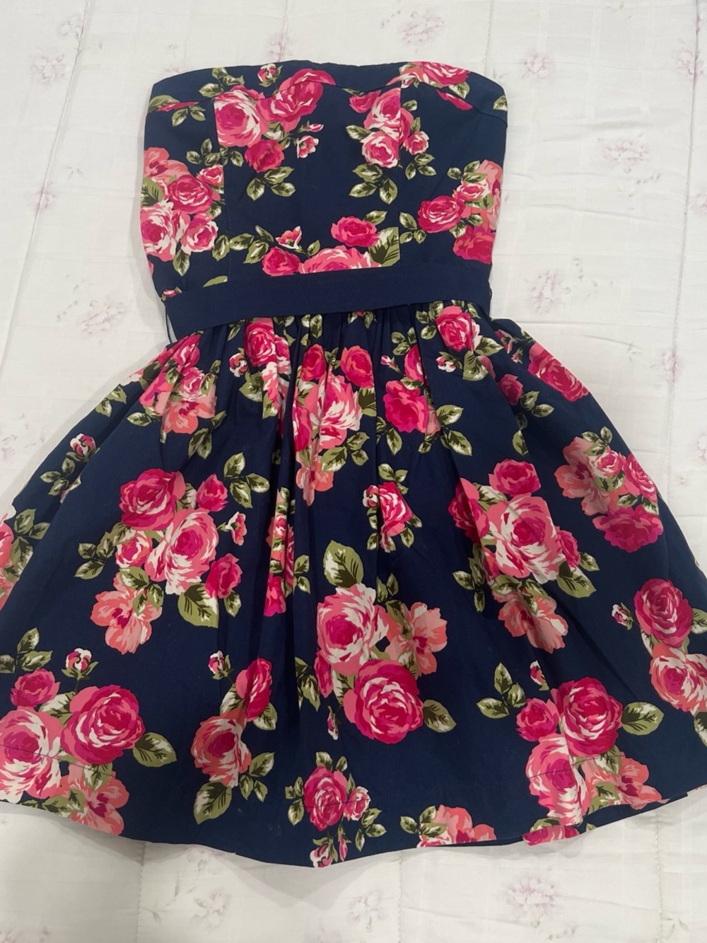 Navy Floral Strapless Dress with Pink Rose Print